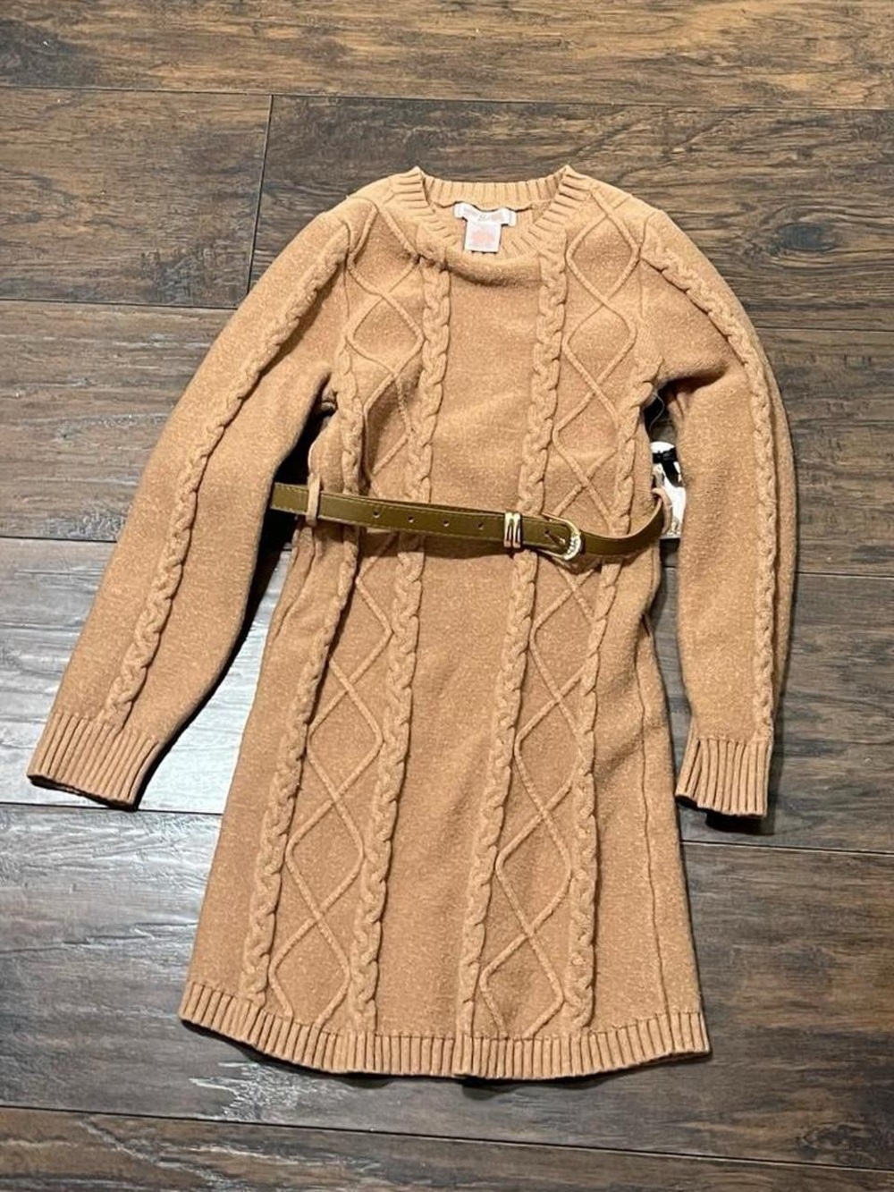 Cable-Knit Long Sleeve Girls Sweater Dress in Camel